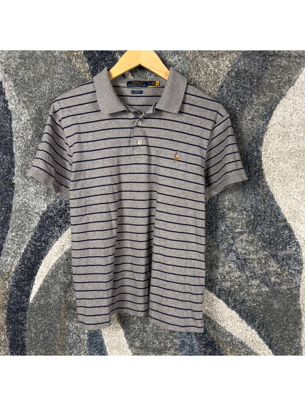 Polo Ralph Lauren Striped Polo Mens L Grey Navy Slim Fit